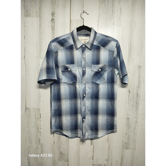 Coastal Western Shirt Mens Small Blue Plaid Short Sleeve Pearl Snap Up Cowboy - Picture 1 of 7